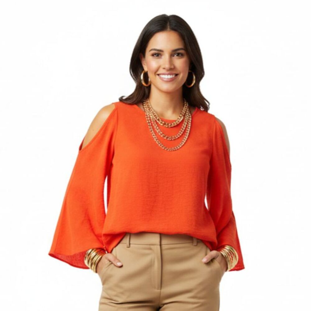 Dolce Vita 100% Silk Orange Long Sleeve Cold Shoulder Tunic Top M